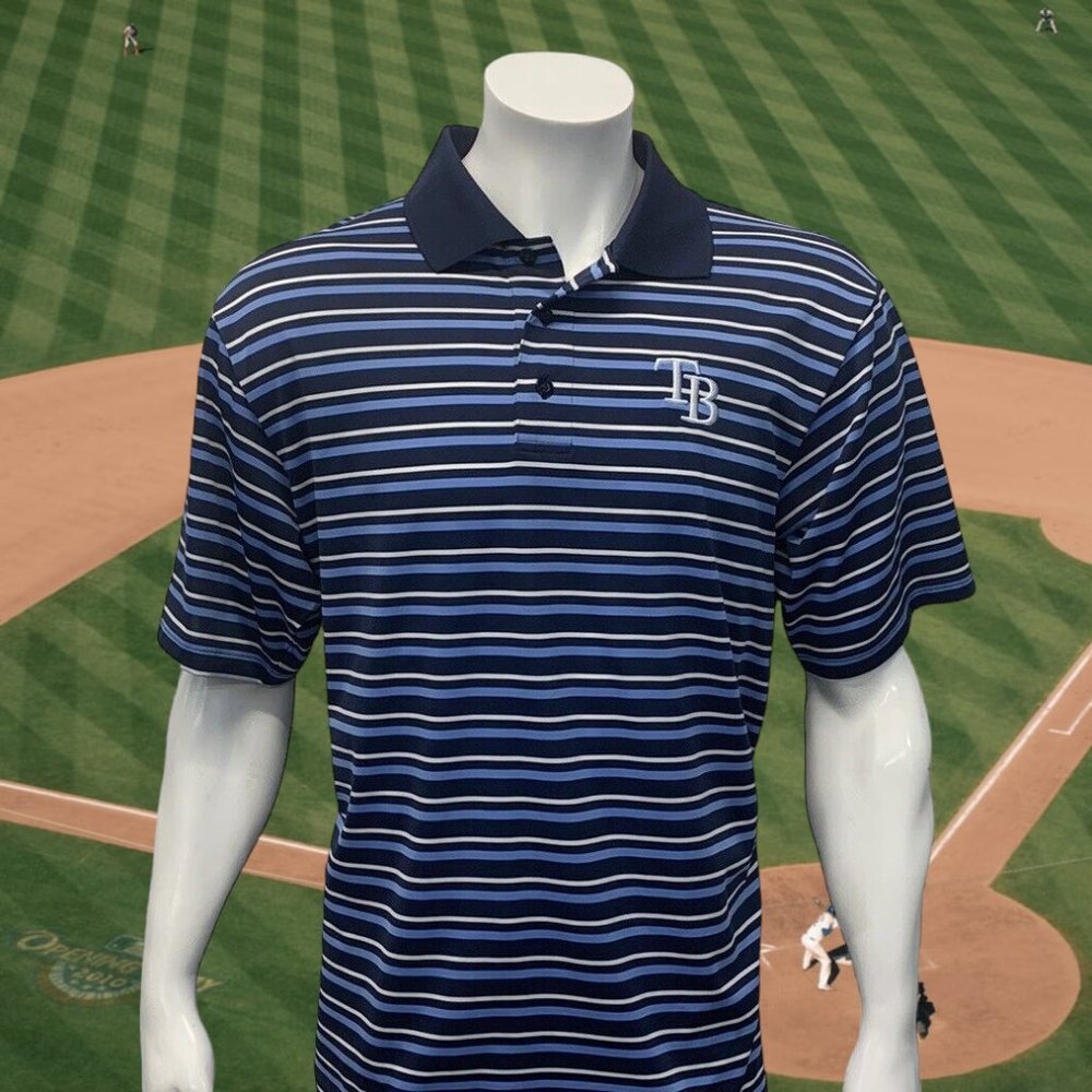 Tampa Bay Rays Majestic Cool Base Blue-White Striped Polo Shirt Men's Size LG
